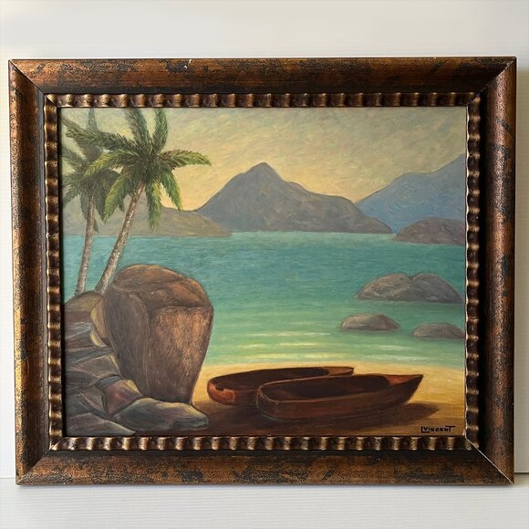 Vintage Original Tropical Seascape Oil Painting Beach Island Canoe Palms Signed - Picture 1 of 10